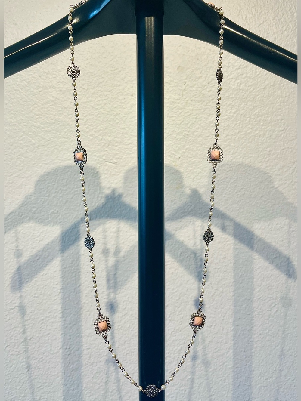 MercuryDuo Long Silver Tone Pink Stone Station Necklace